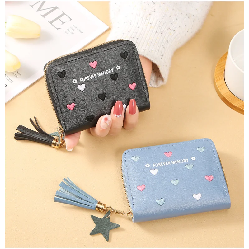 PU Leather Card Bag Mini Wallet Ladies Money Clip Love Embroidery Multifunctional Wallet Women Short Certificate Storage Bags