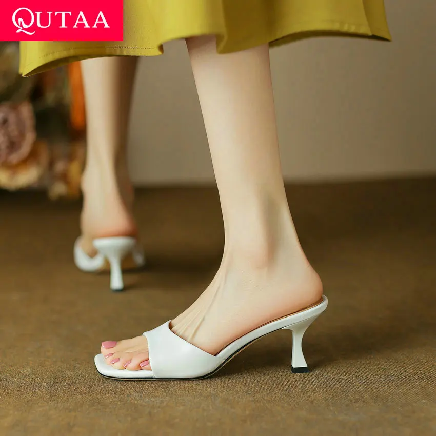 

QUTAA 2024 Women Sandals Fashion Square Toe High Heels Summer Pumps Party Office Genuine Leather Shoes Woman Size 34-39