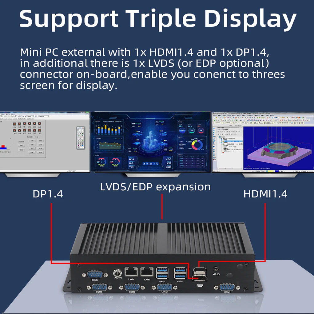 Fanless Industrial Mini PC Intel i7 10610U 6x COM 232/485/TTL 2x LAN 8x USB HDMI DP LVDS GPIO WiFi SIM 4G 5G LTE Windows Linux 4