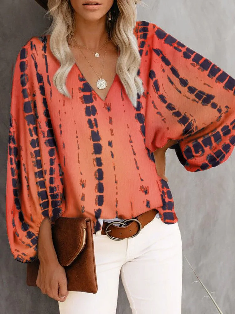 Camicetta da donna con scollo a V e tinta unita con stampa leopardata Camicetta casual a maniche lunghe con pullover allentato Top BNS-H6651_voghion.com