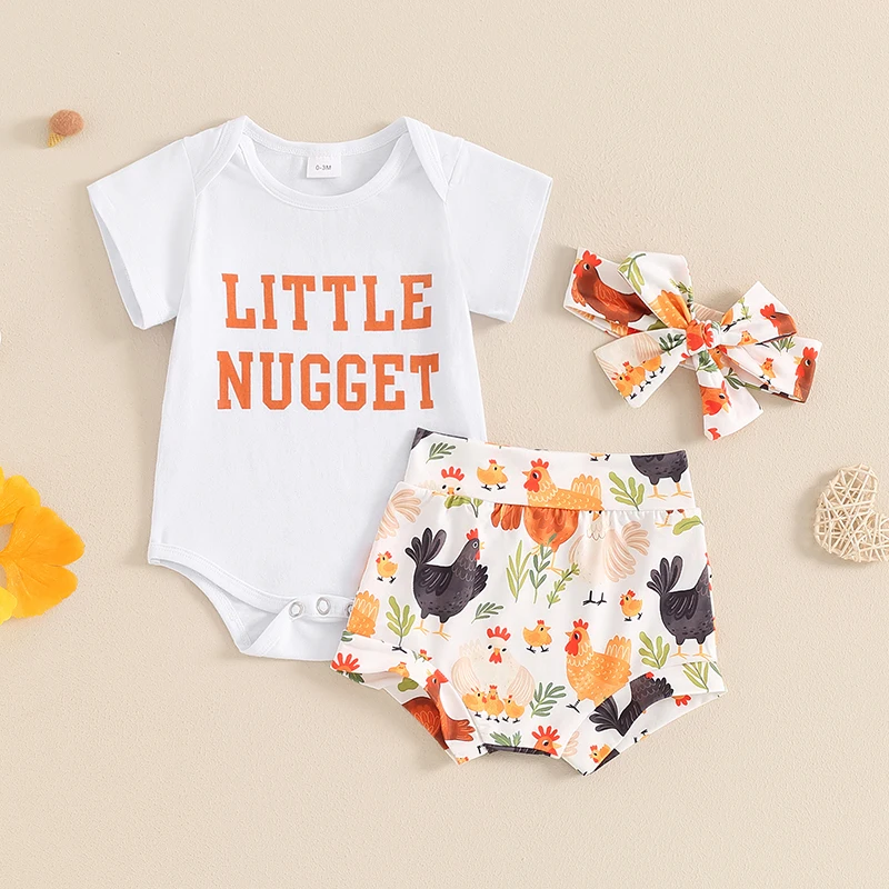 

Newborn Baby Girl Farm Outfit Little Nugget Short Sleeve Romper Tops Chicken Shorts Set Cute Baby Clothes