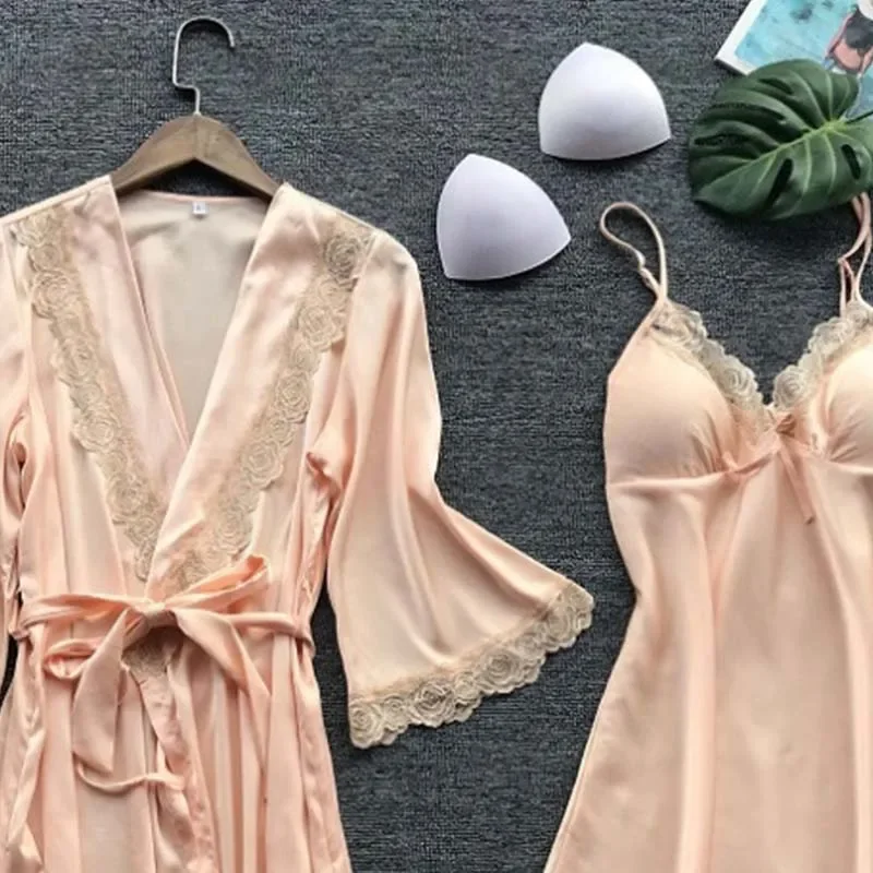 2024 New Leepwear Female Pajamas Set Satin Home Pyjamamas Lace Robe Sleep Suit V-Neck Wedding Nightwear Wear Nighty&Rob