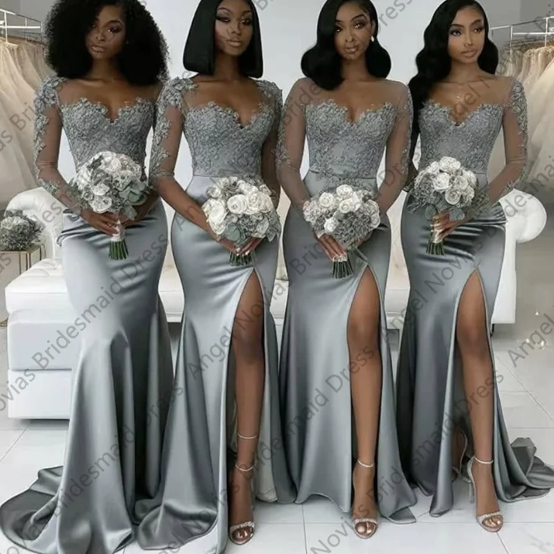 Long Sleeves Silver Mermaid Bridesmaid Dresses Wedding Party Maid Of Honor Dress Robes Invitee Mariage