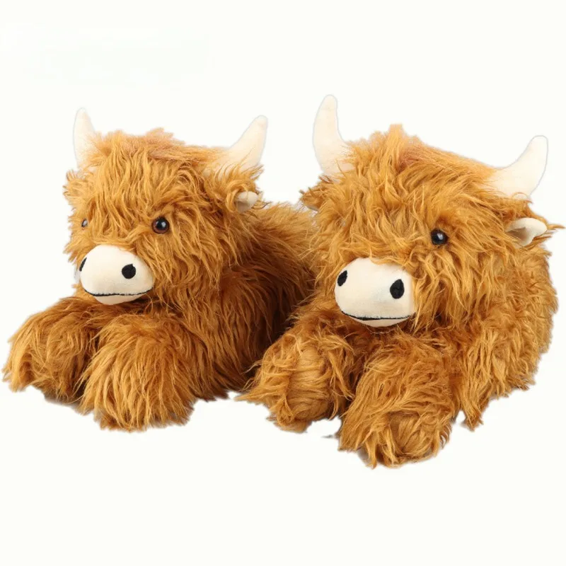 Winter Highland Cow Slippers Fluffy Highland Cattle Plush Slipper Soft Warm Home Indoor Cute Cartoon Furry Slides for Women Men — view 5