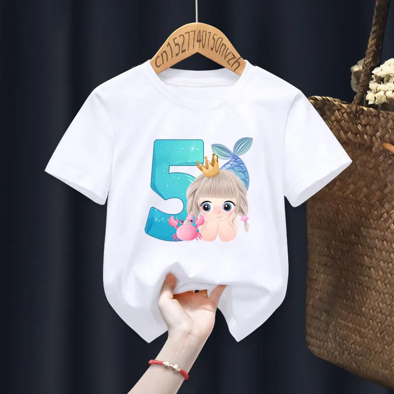 Mermaid Verjaardag Cijfers Print Jongen Meisje Wit T-shirt Kid Zomer Harajuku Kawaii Grappige Kleren Kleine Baby Y2K Kleding, drop Schip