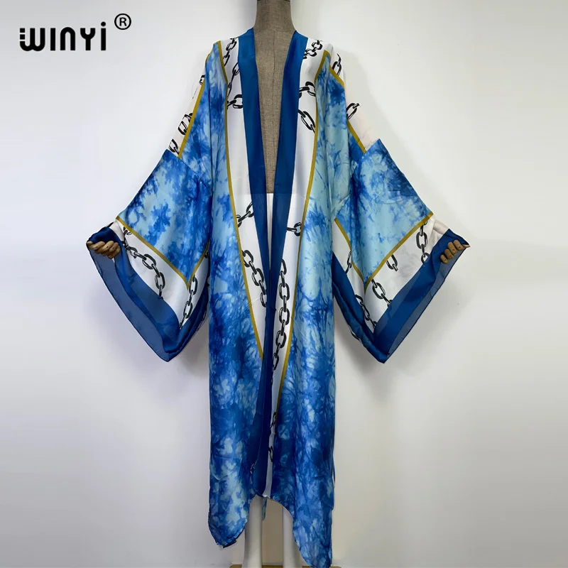 

2022 WINYI новая шелковая Сексуальная уникальная пляжная одежда с принтом, купальный костюм, накидка, элегантное женское праздничное кимоно в стиле бохо с длинным рукавом