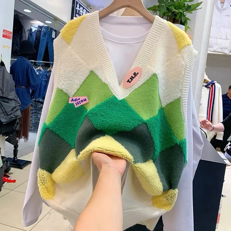 

Женский пуловер без рукавов, повседневный элегантный пуловер составного кроя с V-образным вырезом и геометрическим принтом, Осень-зима 2023