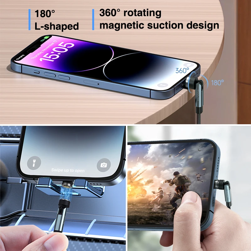 KUULAA 3-in-1 Magnetic Rotating Fast Charging Cable with Micro USB & Type C Connectors