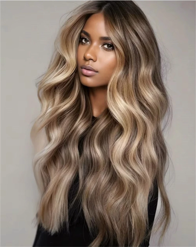 Ombre Blonde Lace Front Wig Synthetic Mixed 5% Human Hair Highlight Ash Brown Golden Blonde Wavy Pre Plucked Hairline