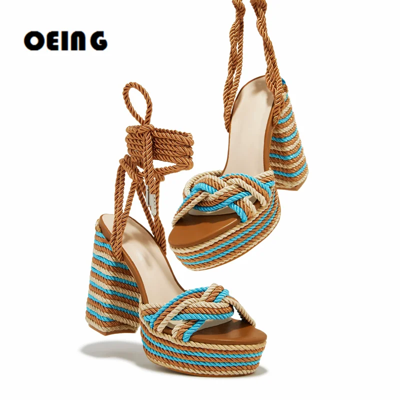 

Summer Women Multi-color Rope Sandals Female Open Toe Platform Lace Up Block Heels Sandals Woven Knotted Strap Party Dress Shoes
