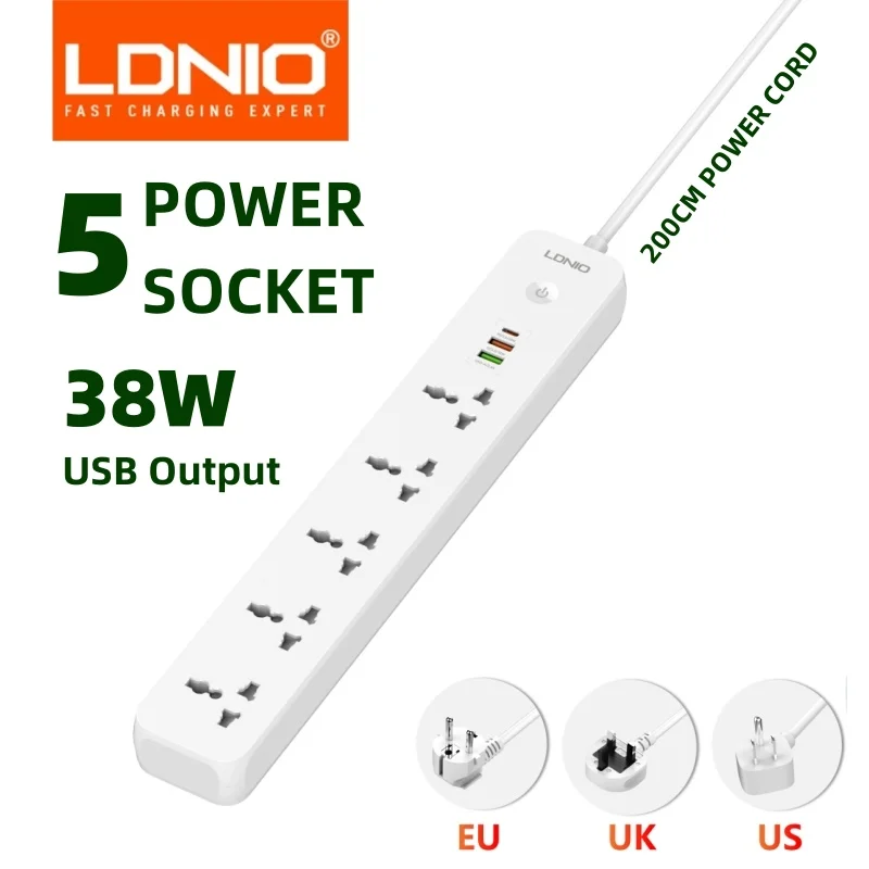 

LDNIO Power Strip Universal 5 AC Outlets 3 USB PD Charging Ports 2 Meter Length Extension Cable Surge Protection Socket Adapter