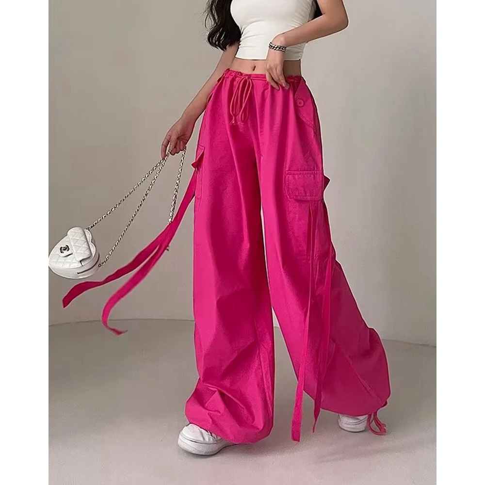 Korean Style Women Drawstring Pocket Design Cargo Pants Female Ribbon Decor Buckle Cuffed Wide Leg Pants Fashion Streetwear