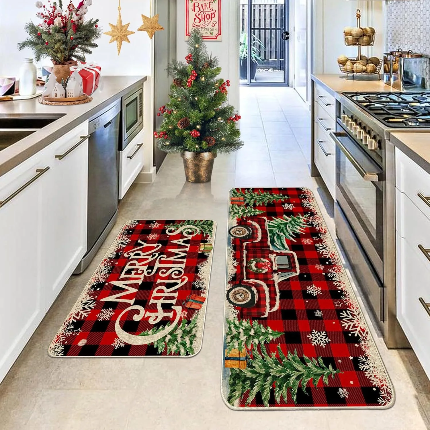 thumbnail image 1 of VIKAMA - Alfombra de terciopelo de cristal con tiras largas para Navidad, 2 piezas, para el hogar, la cocina, el baño, el inodoro, la suciedad, antideslizante, decoración del hogar, 1 of 5