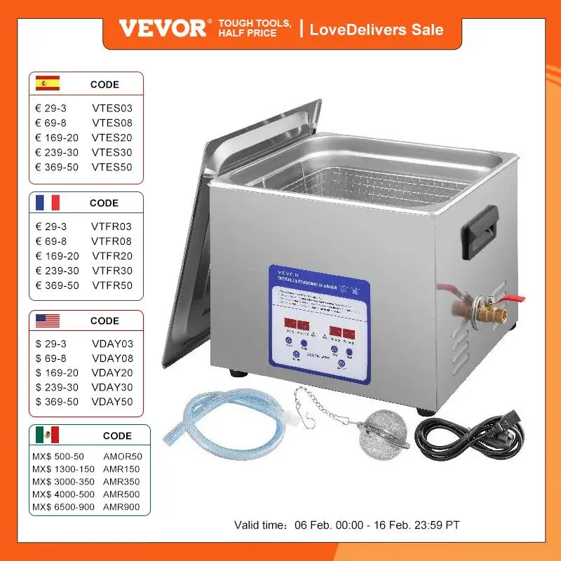 Vevor Pulitore Digitale Ad Ultrasuoni Potenza Ultrasonica 360W, Pulitore Ad Ultrasuoni Frequenza 40 Khz, Pulitore Capacità Da 15L In Acciaio Inossidab