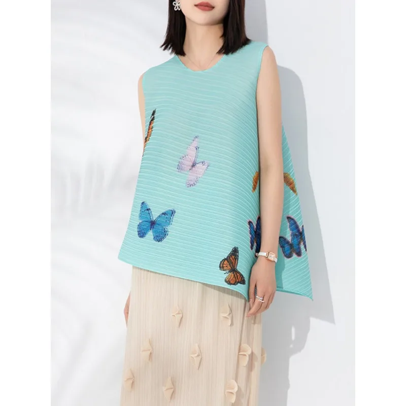 

GGHK Women's Printed T-shirt 2023 Summer New Irregular Design Hem Sleeveless Round Neck Top Fashion Casual Female Clothing