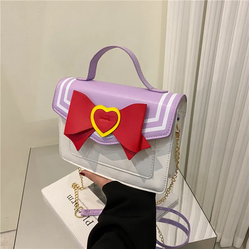 Chic Bow Synthetic Leather Crossbody Bag Kawaii Heart Small Tote Bag Mini Purse Chain Belt Shoulder Bag for Teen Girls Daily Use