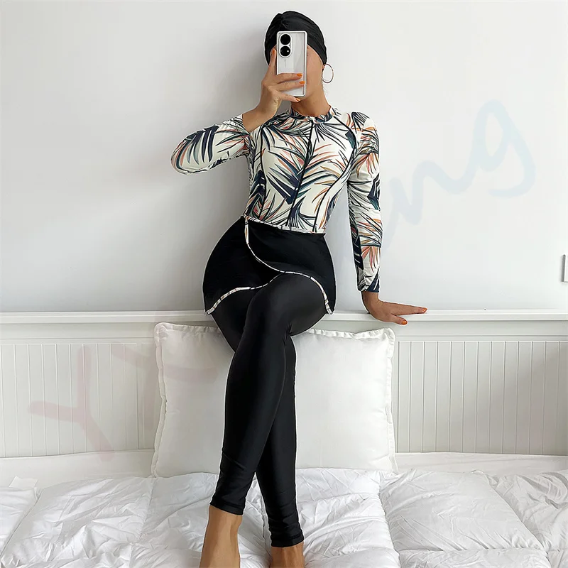 

2023 New Muslim Printed One-Piece Swimsuit Long Sleeve Trousers Swimwear Gather Up Padded Islamic Burkinis Wear Bathing Suit