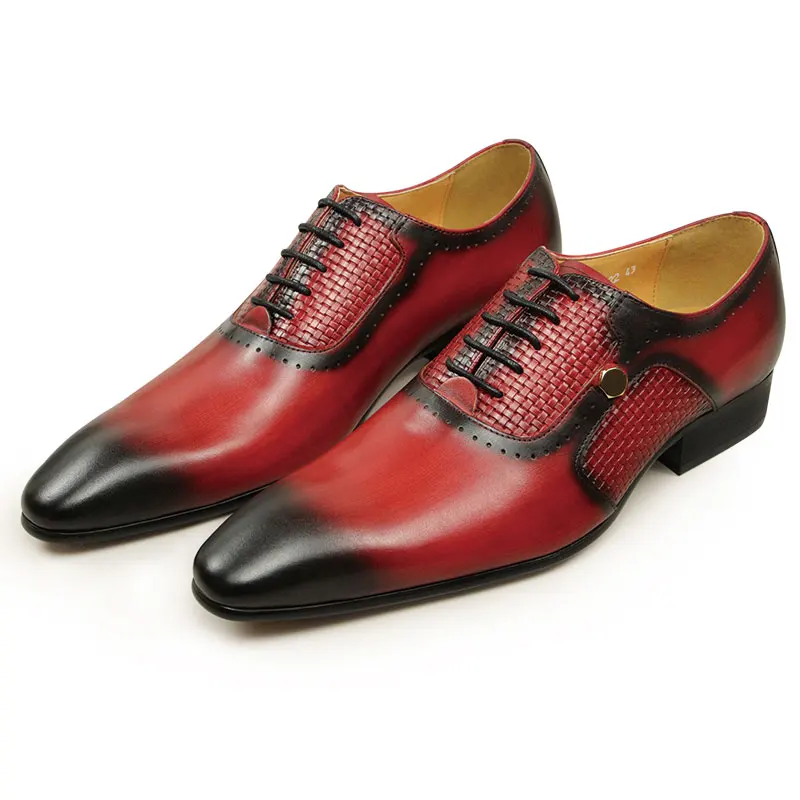 New Men's Business Leather Shoes Fashion Summer Lace-Up Red Black Hand Carved Wedding Shoes Anniversary Office Oxford Shoes