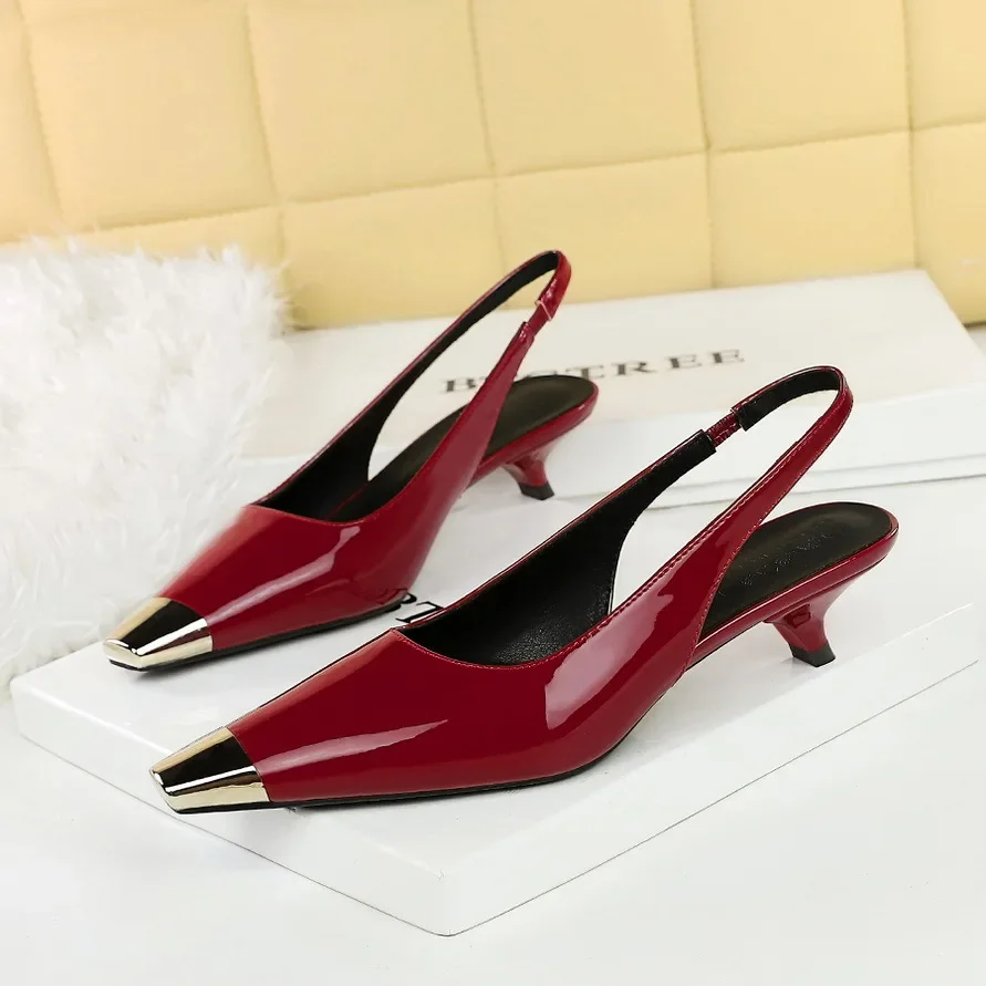 Women's Glossy Patent Leather Heels with Metallic Accent and Rear Strap