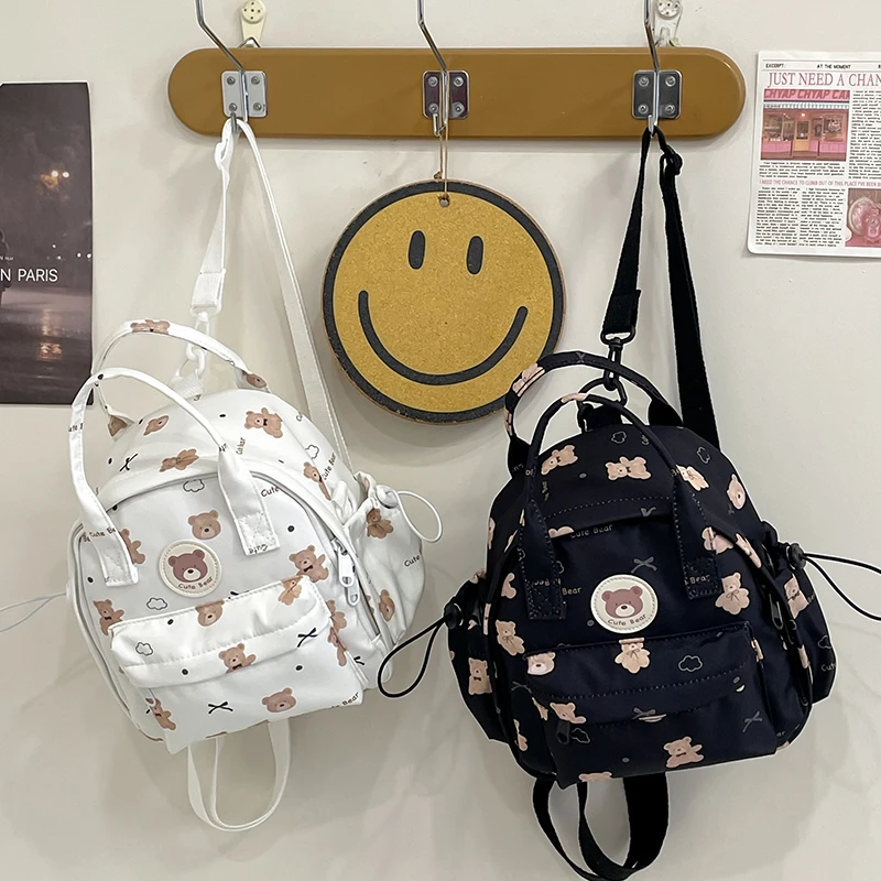Girls Small Backpacks Cute Bear Print Women Nylon Shoulder Bags School Mini Backpack Light-Weight Purse For Ladies Shopping