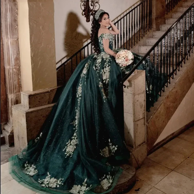 

Blackish Green Off The Shoulder Quinceanera Dresses Appliques Lace Beads Ball Gown Birthday Gown Lace-Up Sparkly Sweet 16 Dresse