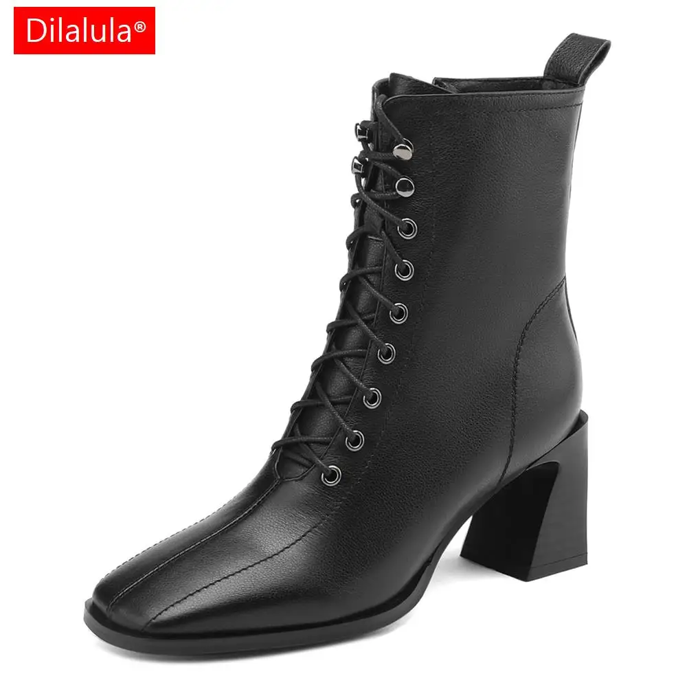 

Dilalula Elegant Women Ankle Boots Cross-Tied Side Zipper Shoes Woman Autumn Winter Genuine Leather Thick High Heels Office Lady