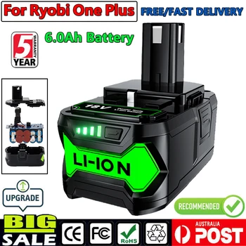 Ryobi ONE + 무선 전동 공구용 리튬 이온 충전식 배터리, BPL1820 P108 P109 P106 P105 P104 P103 RB18L50 RB18L40, 18V 6000mAh