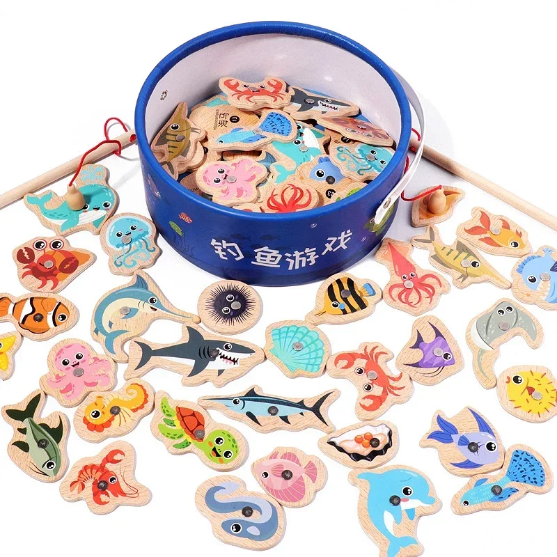 Fishing Game Funny Fine Motor Skill Fish Cognition Puzzle Toy Wooden Montessori Catching Toys Colorful Wooden Magnetic Fishing Game