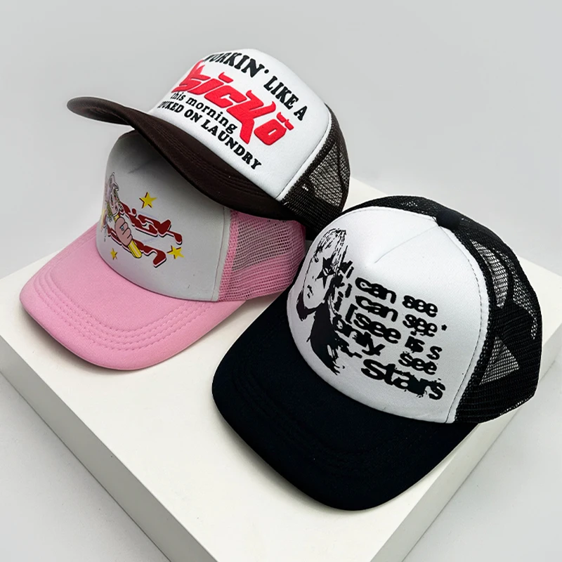 New American Style Men Women Cruise Printed Anime Letter Half Mesh Caps Sunshade Breathable Baseball Hats Versatile Fashion Cute