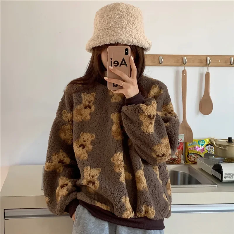 Tops Korean Winter Sweatshirts Lamb Hair Kawaii Cartoon Bear Print Long Sleeve O Neck Thick Warm Harajuku Ladies Fashion Hoodie