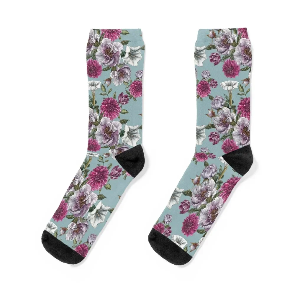Peonies and dahlias on blue Socks set Novelties winter gifts Children's Men's Socks Women's