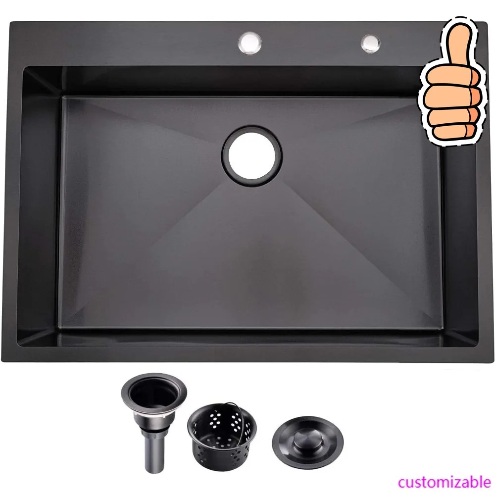 NEW-33″x22″x9″ Drop In Kitchen Sink Black, Top mount SUS304 Stainless Steel Gunmetal Black Sink 18 Gauge Single Bowl, Handmade C
