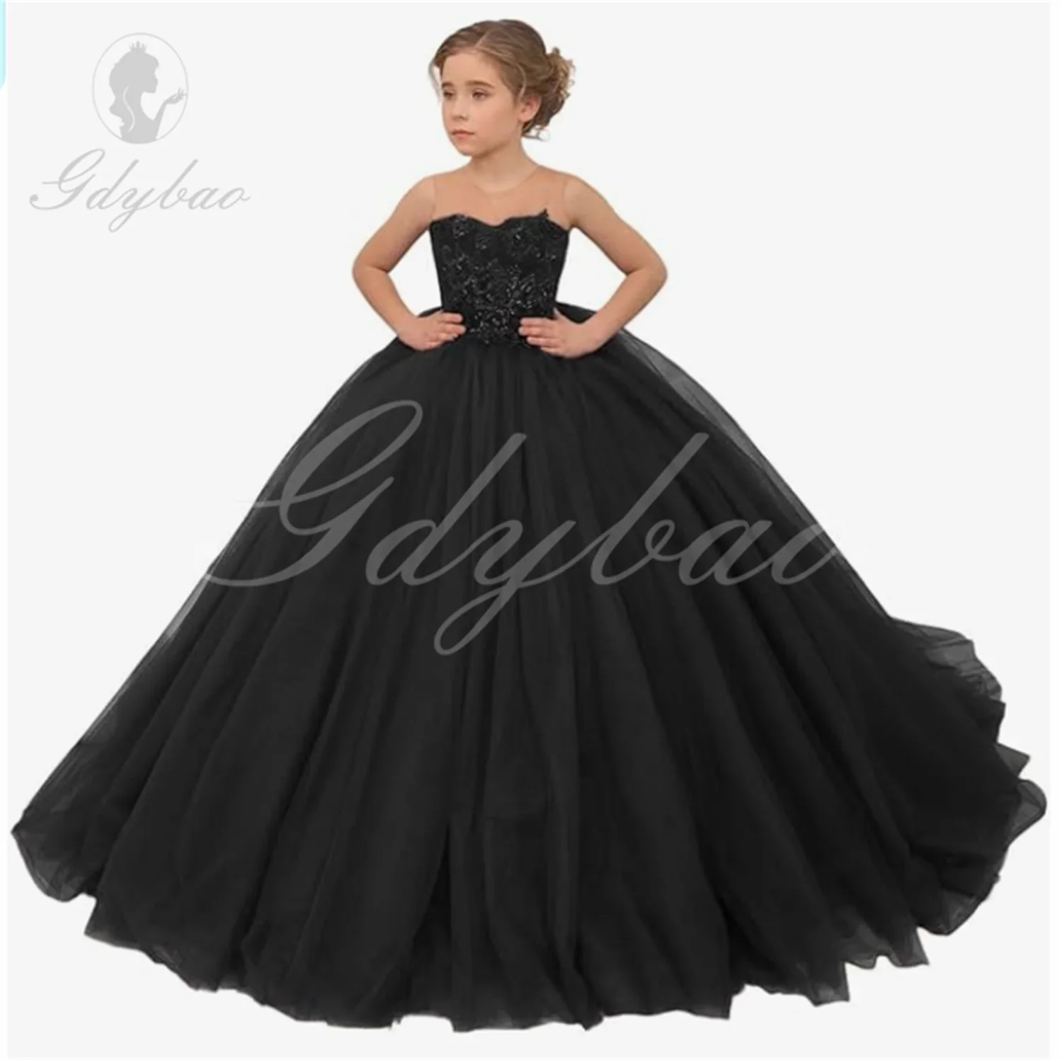 

Black Kigretn Girl's Tulle Flower Girl Dress for Wedding Lace Applique Pageant Dresses Princess Party Ball Gowns
