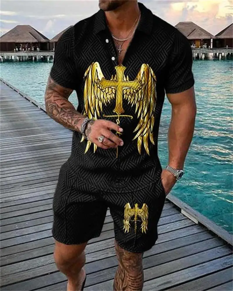 

New Summer 3D Gold Print Polo Shirt And Shorts Set Fashion Style Print Short Sleeve Zip-Up Male Shorts Men's Casual Suit