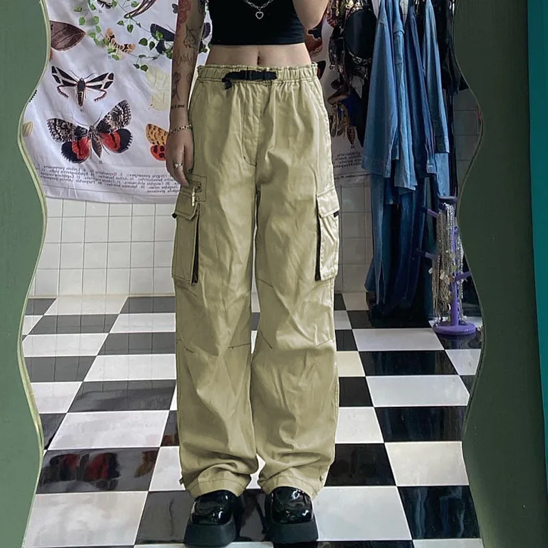 

Spring Autumn Drawstring Elastic High Waist Baggy Pants For Women Vintage Straight Jeans Y2k Harajuku Fashion Simple Denim Pants