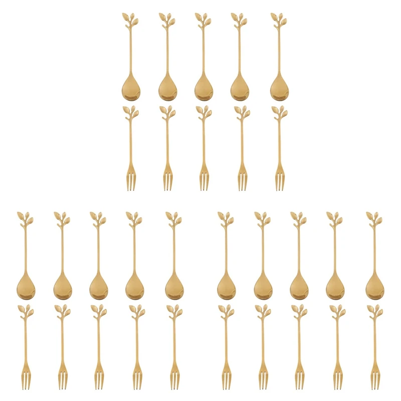 

15Spoon+15Forks Stainless Steel Leaf Coffee Cake Spoon Fork Dessert Spoons, Stirring Teaspoon Set Golden