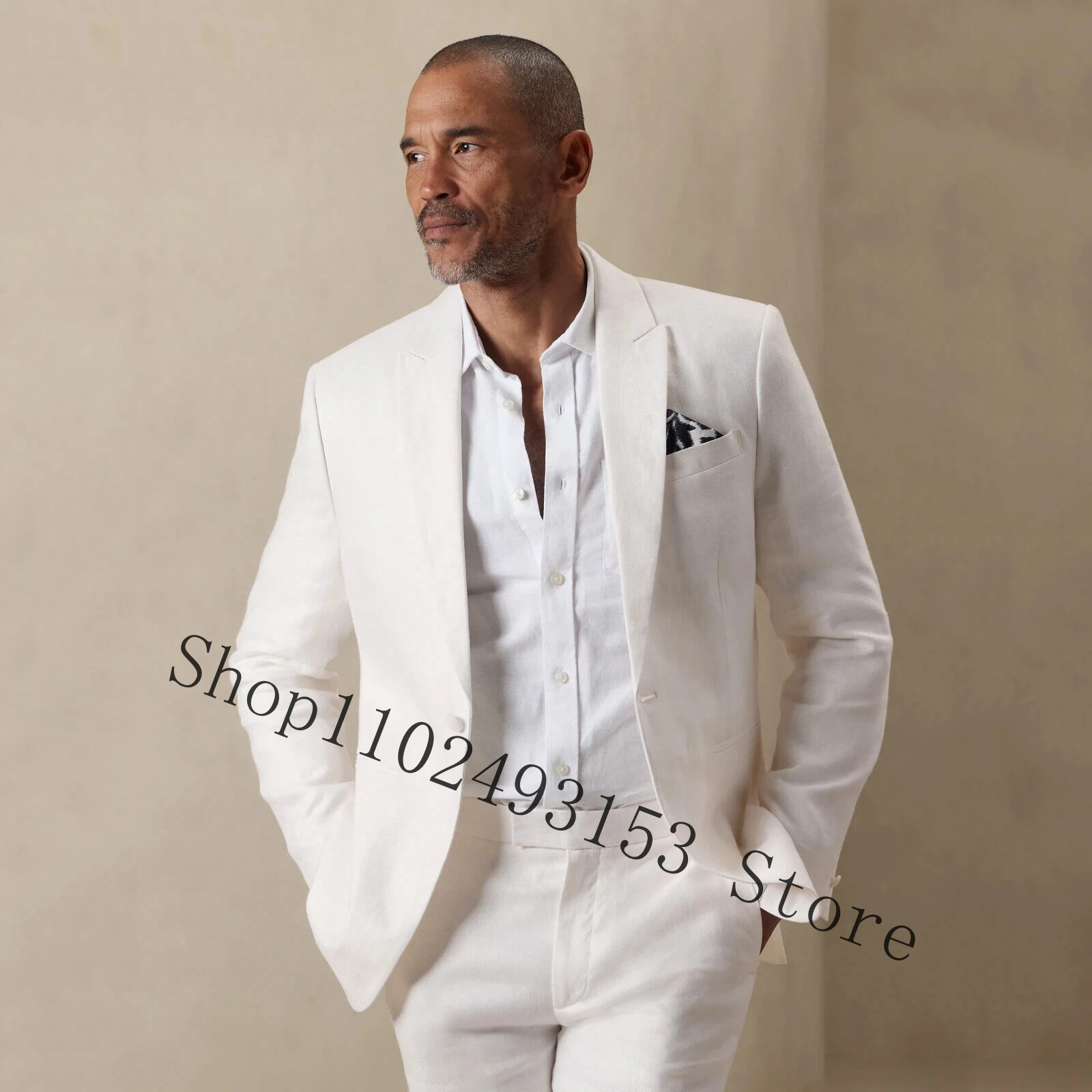 New Arrival White Linen Suits Men Slim Fit 2 Pieces Best Men Wedding Tuxedos Groom Wear Blazer Pants Costume Homme Mariage