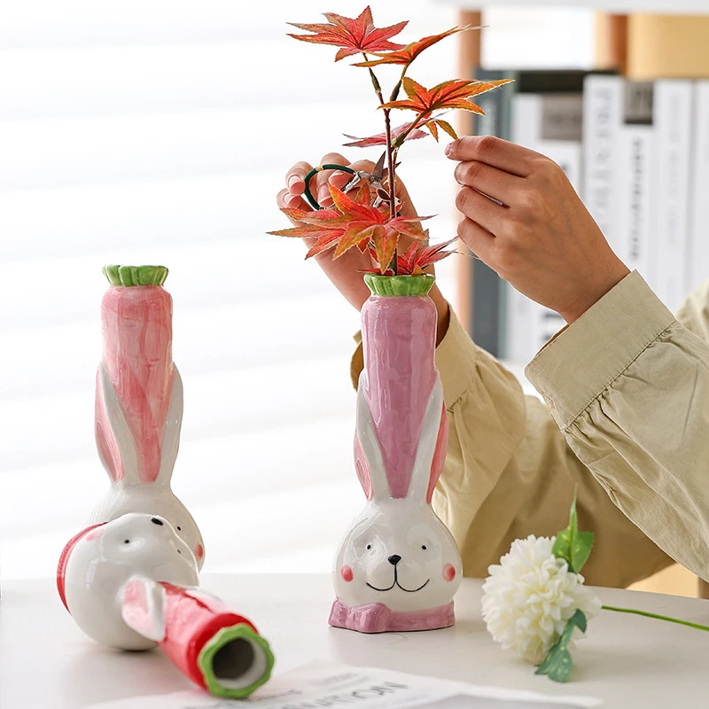 Creative cartoon rabbit carrot shape ceramic vase, pastoral style home living room desktop decoration ceramic vase ornaments 2