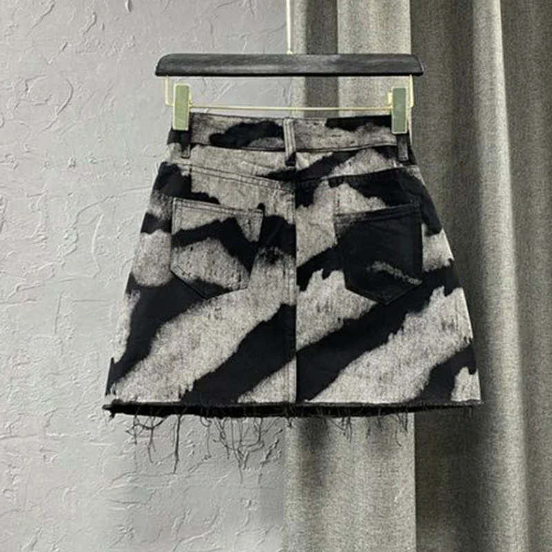 Spring and Summer New Korean Spice Girl Irregular Tie Dye High Waist Straight A-line Denim Wrap Hip Short 6
