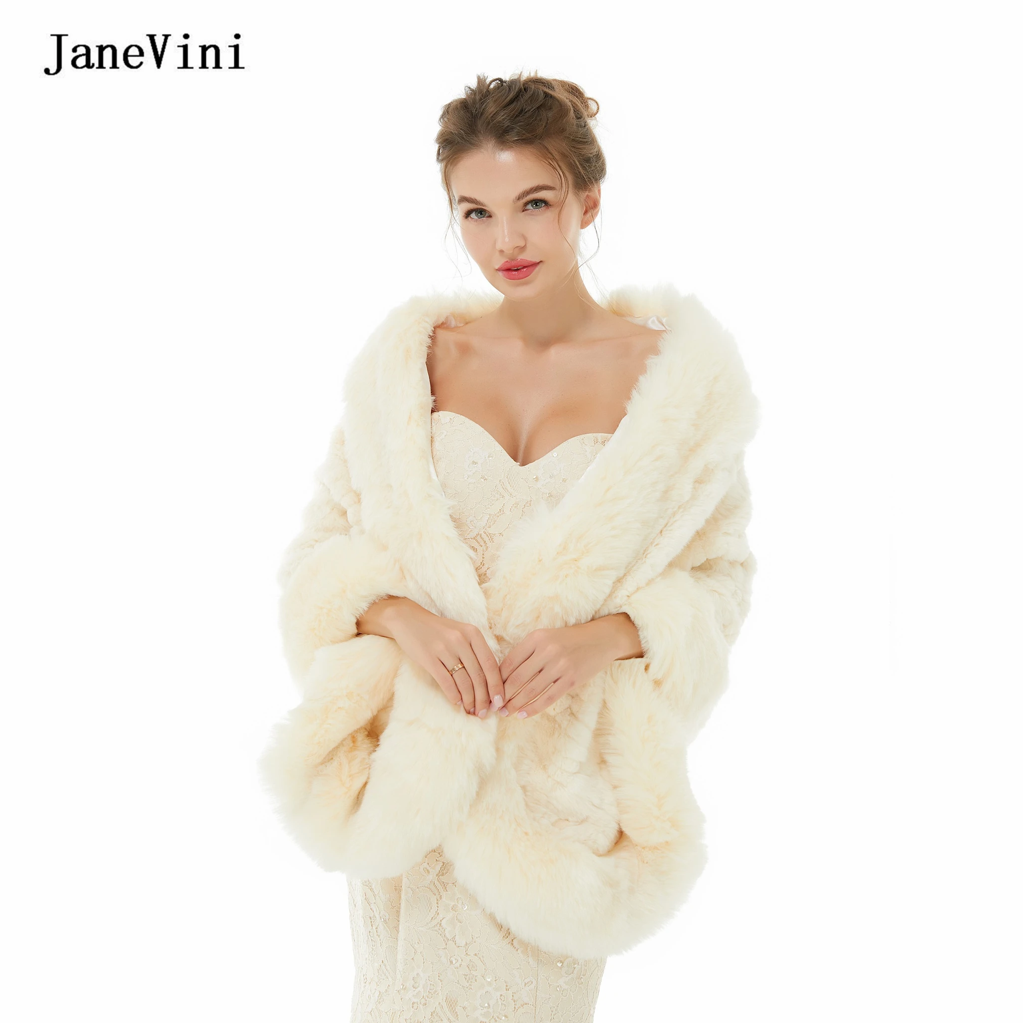 

JaneVini New Winter Bolero Women Faux Fur Shawls Wraps Bride Jacket Prom Party Fur Cloak Ivory Cape Bridal Wedding Accessories