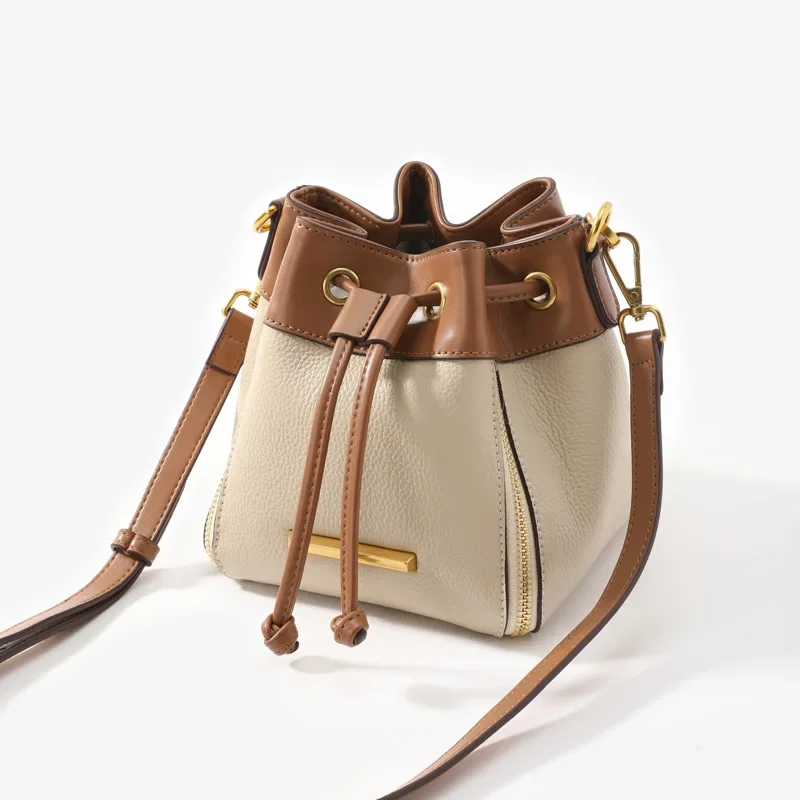 

2023 Cowhide Short Handle Bag Genuine Leather Women Small Bucket Bags Designer New Fashion Female Shoulder Cross Body Bag Traf
