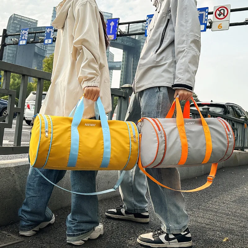 fitness bag large capacity dry wet separation cylinder travel luggage bag printed with name pattern