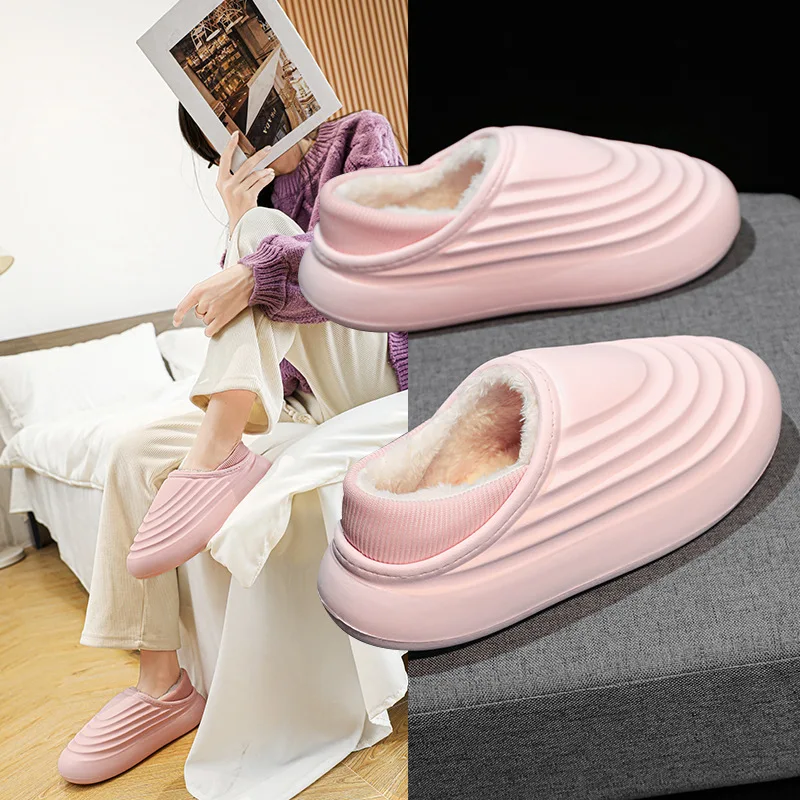 Waterproof Winter Fur Plush Slippers Thick Women Men Home Warm Women Slides Indoor Outdoor Cozy Cotton Shoes Unisex Footwear