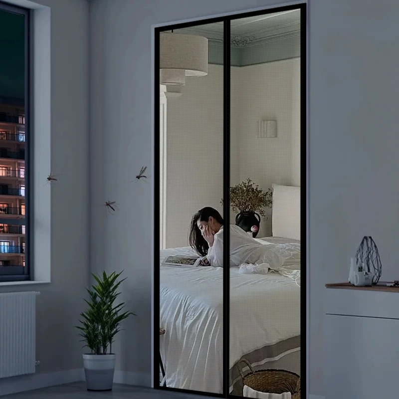 Stylish Black Magnetic Mosquito Screen Door Curtain, Durable Self-Adhesive Mesh with Secure Magnetic Closure, Ideal for Any Home