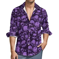 Purple Skull Shirt Men Halloween Print Casual Shirts Autumn Harajuku Custom Blouses Long Sleeve Fashion Oversized Clothing Gift