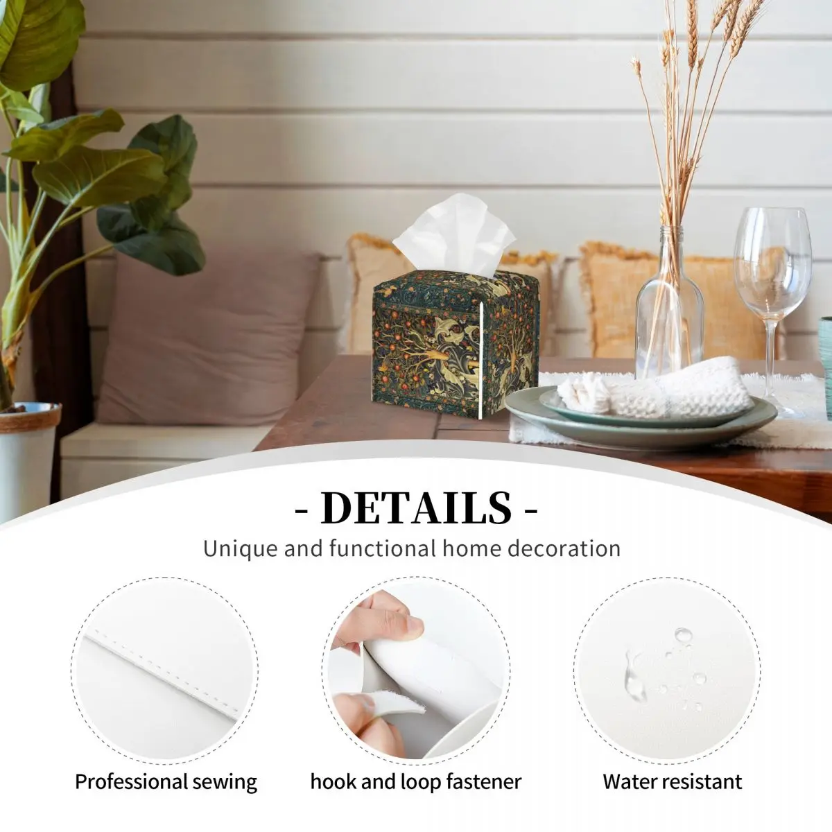Custom William Morris Woodpecker In Fruit Tree Tissue Box Holder Birds Rabbits Floral PU Leather Facial Tissue Box Cover for Car 3