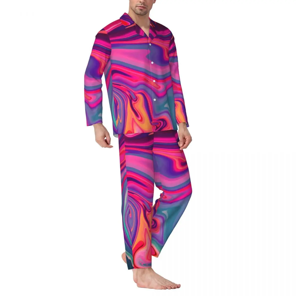 

Pajamas Male Neon Liquid Daily Sleepwear Marble Abstract Print Two Piece Aesthetic Pajama Sets Long Sleeve Oversize Home Suit