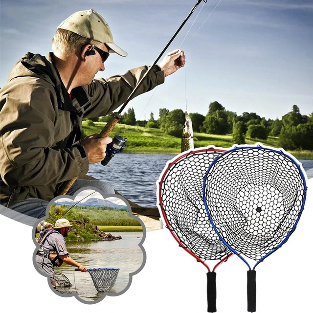Portable Fishing Net Soft Silicone Fish Landing Net Aluminium Alloy Pole  EVA Handle W Elastic Strap
