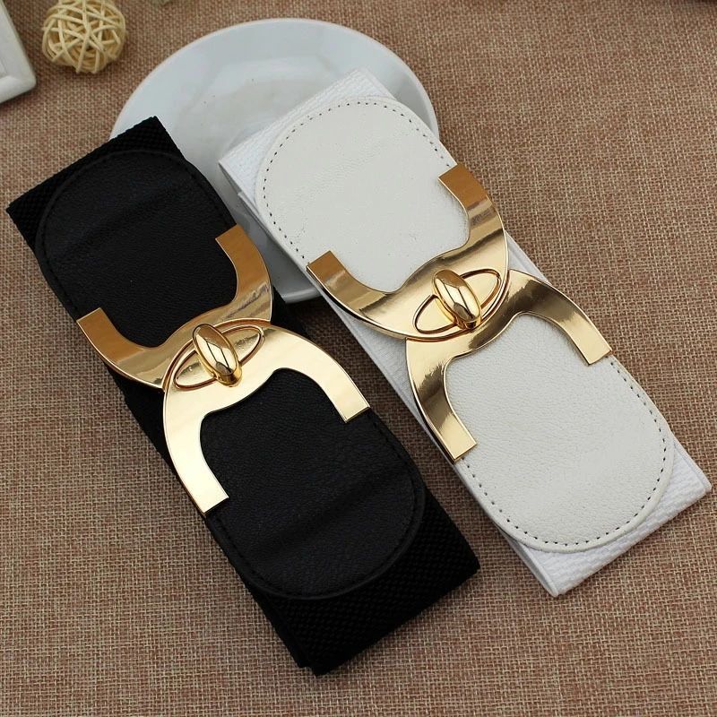 Breite elastische Gürtel für Frauen Stretch Damen Hüftgurt mit Mode Gold Schnalle, Vintage Classic Plus Size Gürtel für Frauen – Detail 3