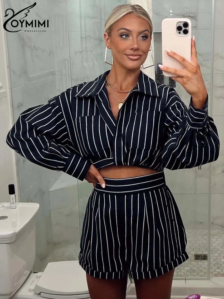 Oymimi Causal Black Print Women 2 Piece Set Outfit Elegant Lapel Long Sleeve Pockets Shirts And High Waisted Shorts Female Sets
